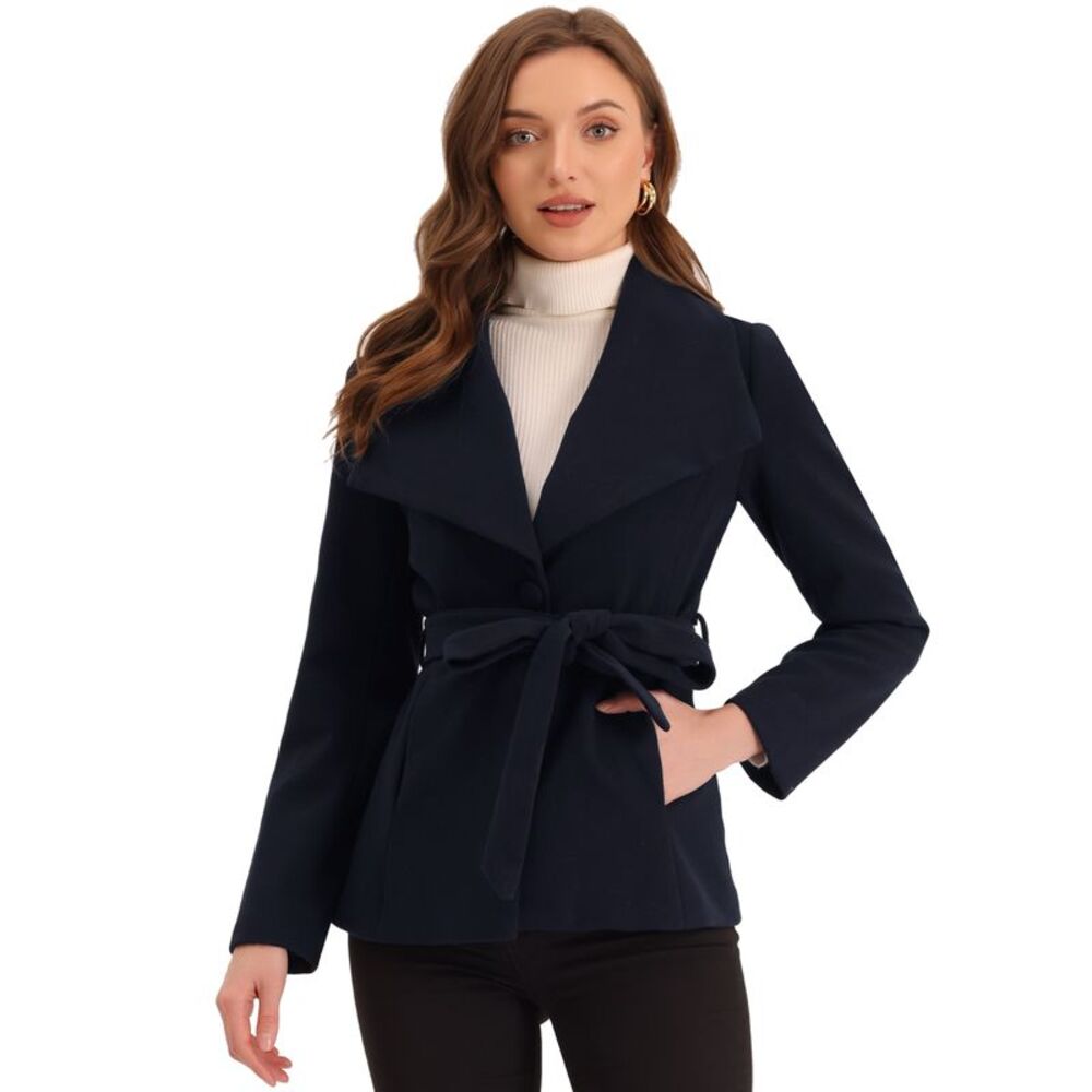 Short Pea Coat Winter Belted Slant Pockets Shawl Lapel Collar Coats Dark Blue
